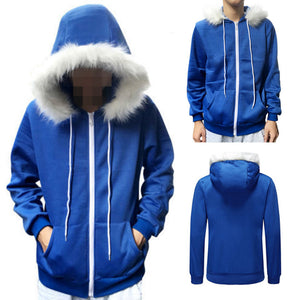 Men Women Cosplay Blue Fleece Hooded Jacket Sweater Costume Warm Sport Coat